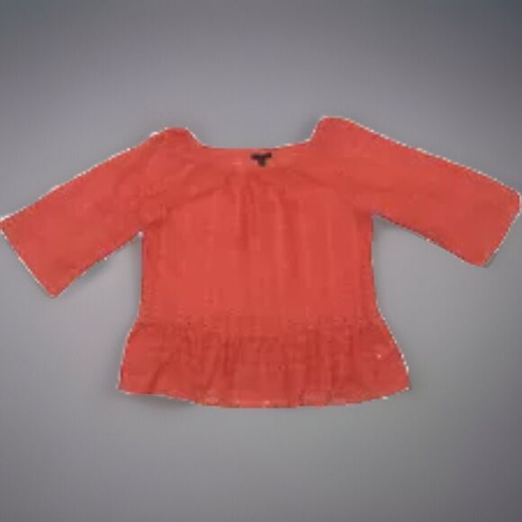 Crotchet Lace Coral Sz S Top Gathered Hem Orange Shirt Round Neckline 3/4 Sleeve - Picture 8 of 13